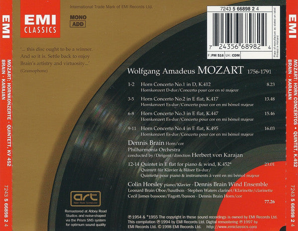 Mozart* / Dennis Brain, Herbert von Karajan, Philharmonia Orchestra, Colin Horsley, Dennis Brain Wind Ensemble : Horn Concertos Nos.1-4 • Quintet K.452 (CD, Comp, Mono, RM)