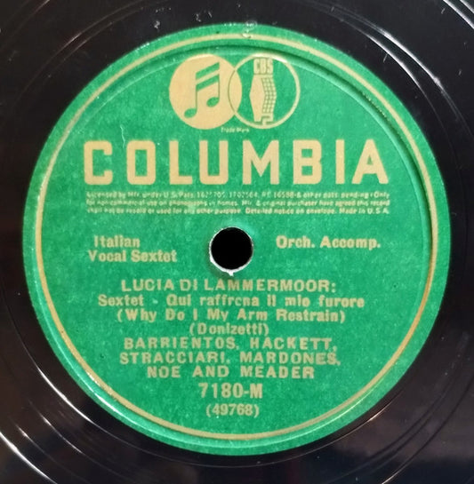 Maria Barrientos, Jeanne Gordon, Charles Hackett, Riccardo Stracciari, Jose Mardones, George Meader, Emma Noe : Lucia Di Lammermoor: Sextet / Rigoletto: Quartet (Shellac, 12", Mono, RE)