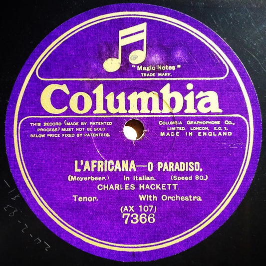 Charles Hackett : L'Africana - O Paradiso / La Boheme - Che Celida Manina (Shellac, 12", 80 RPM)