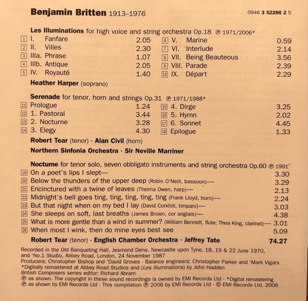 Benjamin Britten, Robert Tear, Heather Harper, The Northern Sinfonia Orchestra, Sir Neville Marriner, English Chamber Orchestra, Jeffrey Tate : Serenade For Tenor, Horn & Strings. Nocturne. Les Illuminations. (CD, Comp, RM)