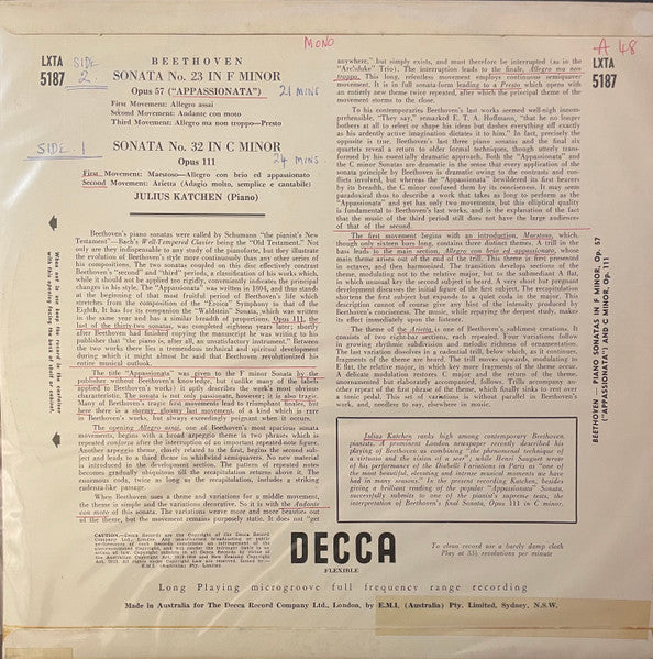 Julius Katchen, Ludwig van Beethoven : Sonata No. 23 In F Minor, Op. 57 ("Appassionata") / Sonata No. 32 In C Minor, Op. 111 (LP, Mono)