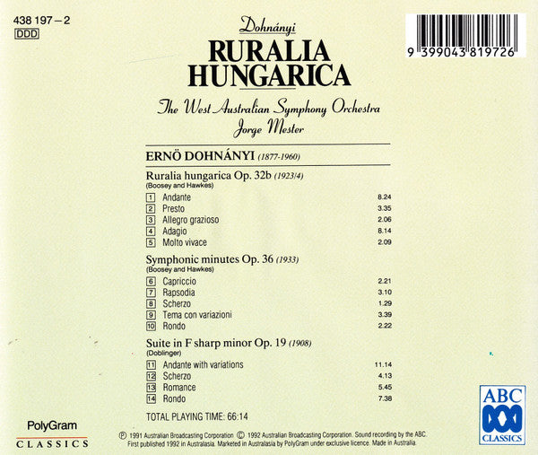 Ernst von Dohnányi, West Australian Symphony Orchestra, Jorge Mester : Ruralia Hungarica (CD)