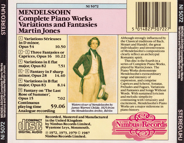 Felix Mendelssohn-Bartholdy, Martin Jones (3) : Complete Piano Works, Variations And Fantasies (CD, Album, Amb)