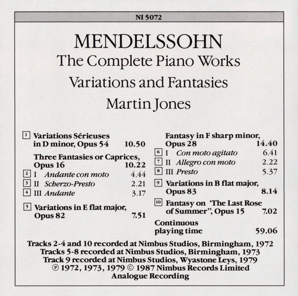 Felix Mendelssohn-Bartholdy, Martin Jones (3) : Complete Piano Works, Variations And Fantasies (CD, Album, Amb)