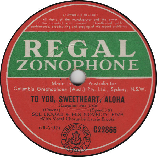 Sol Hoopii And His Novelty Five : To You, Sweetheart, Aloha / Kapuana (Shellac, 10", RP)