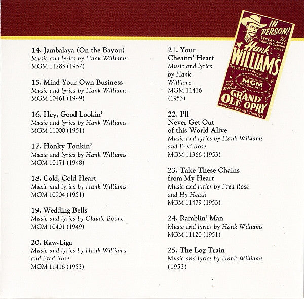 Hank Williams : The Country Music Hall Of Fame Presents - Legendary Country Singers (CD, Comp)