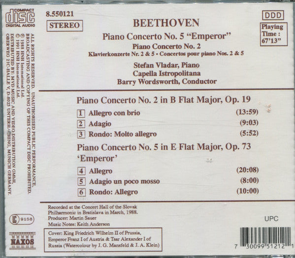 Ludwig van Beethoven, Stefan Vladar, Capella Istropolitana, Barry Wordsworth : Piano Concerto No. 5 "Emperor"  / Piano Concerto No. 2  (CD, Album, RE)