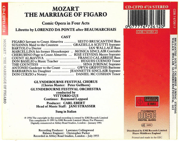 Wolfgang Amadeus Mozart - Sena Jurinac • Graziella Sciutti • Risë Stevens • Monica Sinclair • Hugues Cuénod • Sesto Bruscantini • Franco Calabrese • Ian Wallace (3), Glyndebourne Festival Orchestra & Glyndebourne Festival Chorus, Vittorio Gui : The Marriage Of Figaro (2xCD, Album, RE, Swi)