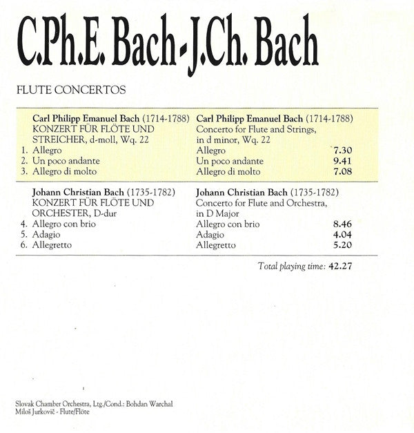 Carl Philipp Emanuel Bach - Johann Christian Bach : Flute Concertos (CD, Comp, RE)