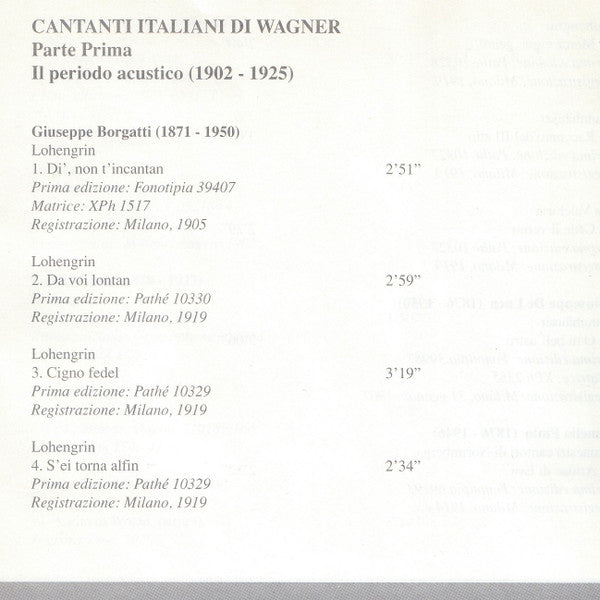 Various, Wagner* : Cantati Italiani Di Wagner Vol. 1 - Parte Prima Il Periodo Acustico (1902-1925) (CD, Comp, Mono)