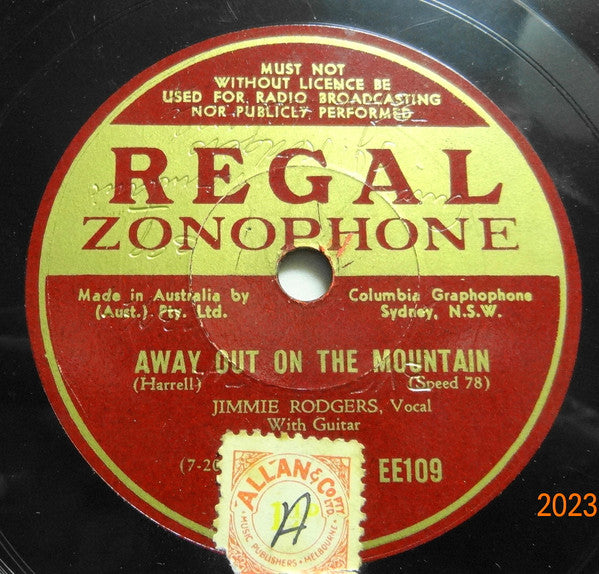 Jimmie Rodgers : Away Out On The Mountain / Never No Mo' Blues (Shellac, 10", RP)