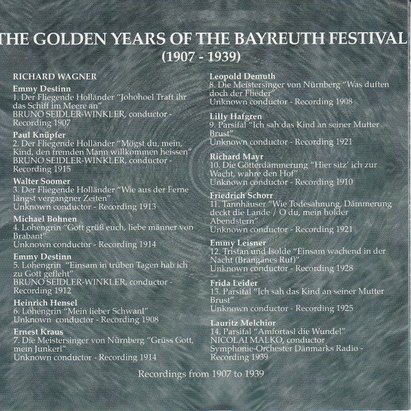 Various, Wagner* : The Golden Years Of The Bayreuth Festival (1907-1939) (CD, Comp, Mono, RM)