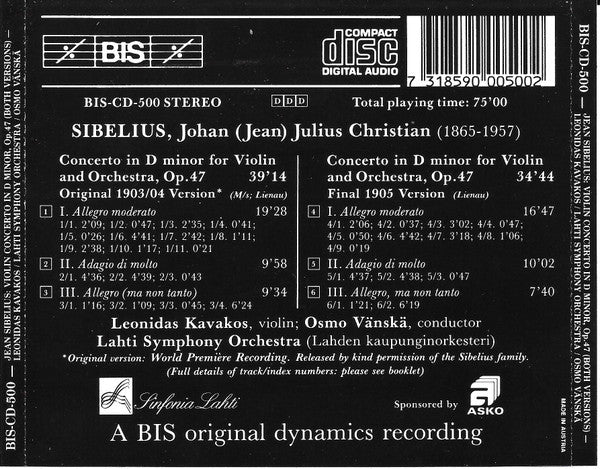 Jean Sibelius, Leonidas Kavakos*, Lahti Symphony Orchestra, Osmo Vänskä : Violin Concerto In D Minor, Op. 47 (Both Versions) (CD, Album, RE, Son)