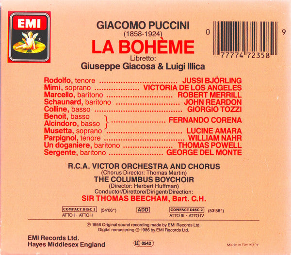 Giacomo Puccini - Victoria De Los Angeles, Jussi Björling, Sir Thomas Beecham : La Bohème (2xCD, Album, Mono, RE)