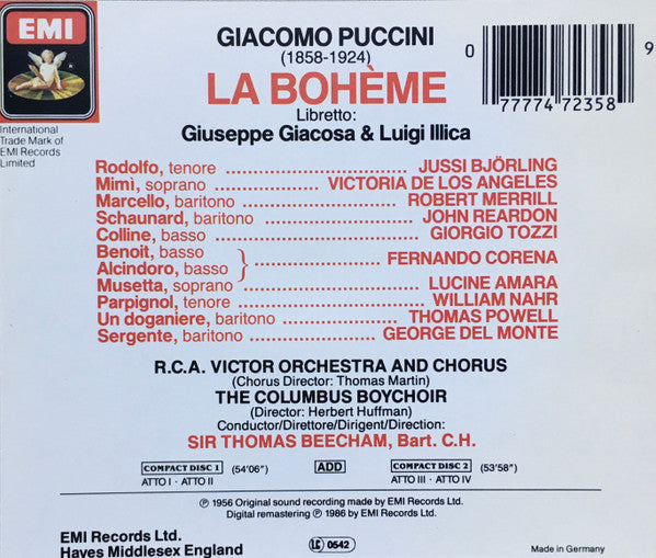 Giacomo Puccini - Victoria De Los Angeles, Jussi Björling, Sir Thomas Beecham : La Bohème (2xCD, Album, Mono, RE)