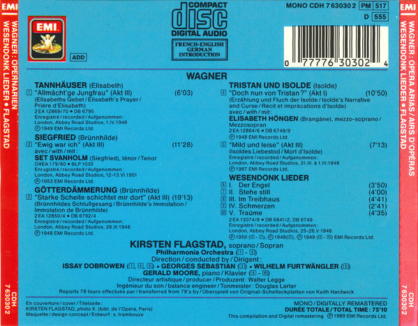Wagner* - Kirsten Flagstad : Opera Arias / Airs D'Opéras - Wesendonck-Lieder (CD, Comp, RM)