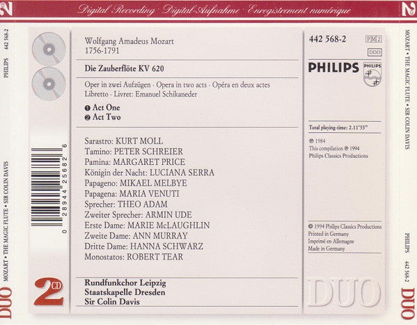 Mozart* - Margaret Price, Luciana Serra, Peter Schreier, Kurt Moll, Mikael Melbye, Theo Adam, Rundfunkchor Leipzig, Staatskapelle Dresden, Sir Colin Davis : The Magic Flute (2xCD, Album, Comp, RE)