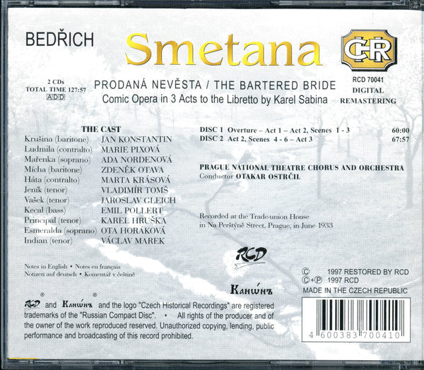 Smetana* - Nordenová*, Tomš*, Pollert*, Gleich*, Prague National Theatre Chorus* and Orchestra*, Otakar Ostrčil : The Bartered Bride (CD, Mono)