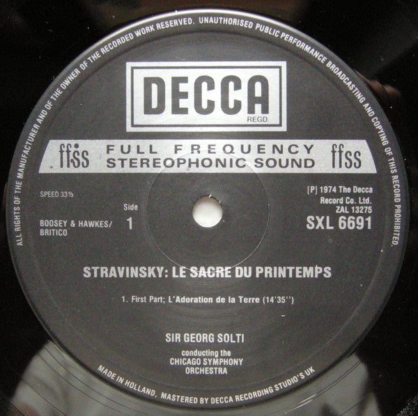 Stravinsky* - Chicago Symphony Orchestra, Sir Georg Solti* : Le Sacre Du Printemps (LP, Album, RP)