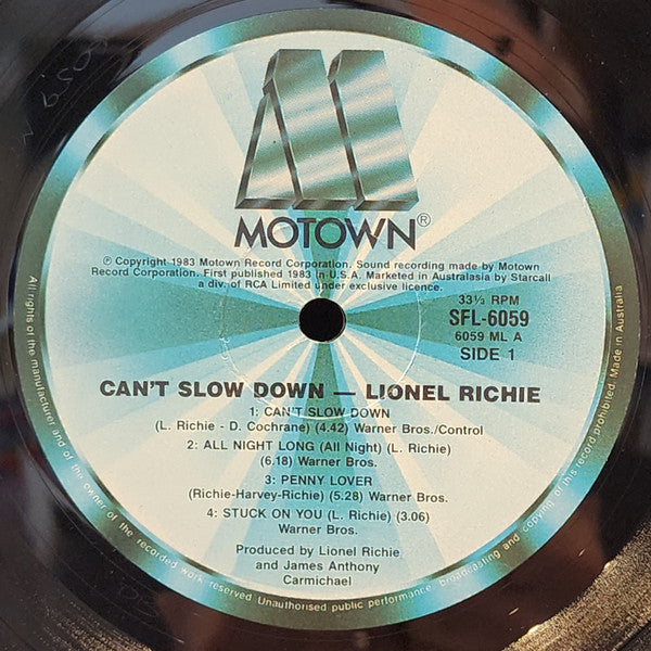 Lionel Richie : Can't Slow Down (LP, Album, RE, Gat)