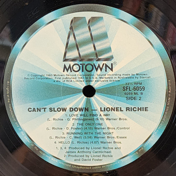 Lionel Richie : Can't Slow Down (LP, Album, RE, Gat)