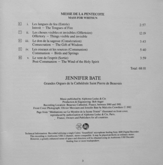 Olivier Messiaen - Jennifer Bate : Méditations Sur Le Mystère De La Sainte Trinité · L'Ascension · Messe De La Pentecôte (2xCD)
