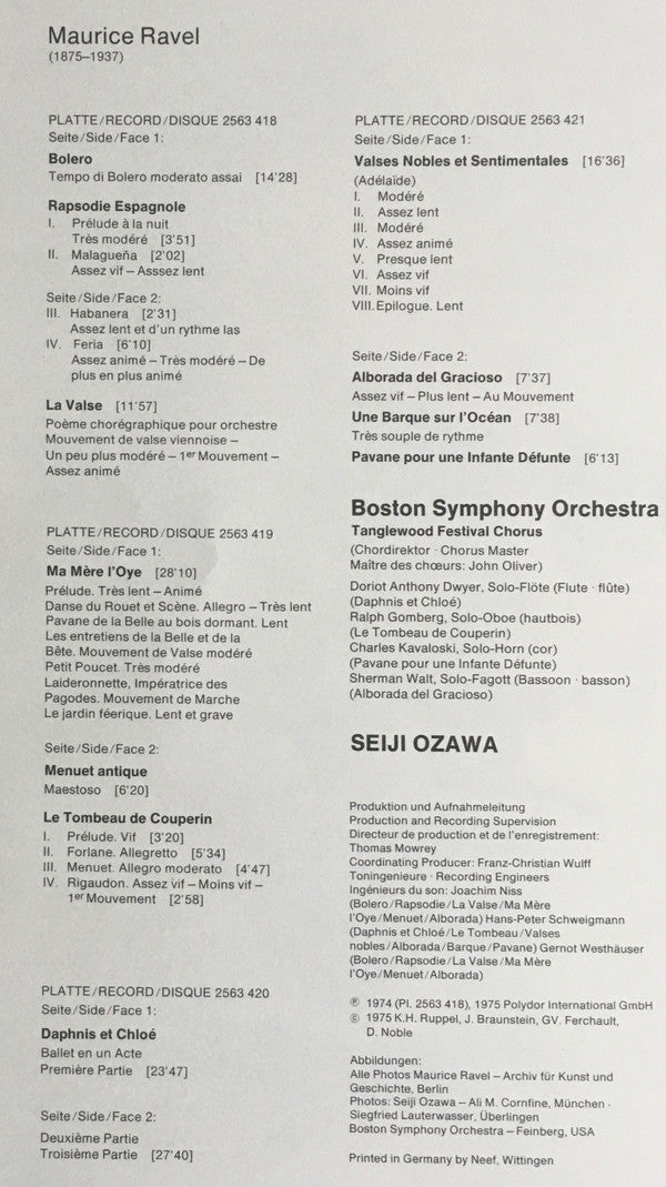 Maurice Ravel / Boston Symphony Orchestra, Seiji Ozawa : Orchestermusik = Orchestral Works = L'Œuvre Symphonique (4xLP, Comp + Box)