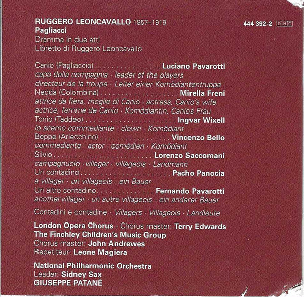Ruggiero Leoncavallo · Luciano Pavarotti · National Philharmonic Orchestra · Giuseppe Patanè : Pagliacci (CD, Album, RE)