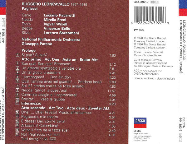 Ruggiero Leoncavallo · Luciano Pavarotti · National Philharmonic Orchestra · Giuseppe Patanè : Pagliacci (CD, Album, RE)