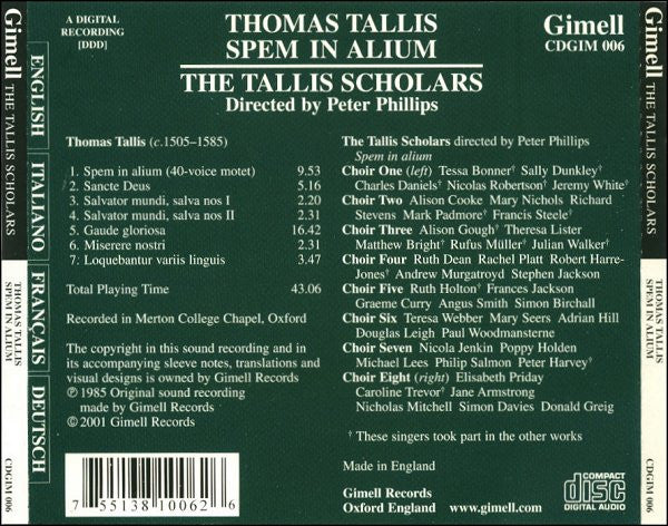 Thomas Tallis, The Tallis Scholars, Peter Phillips (2) : Spem In Alium (CD, Album, RE)