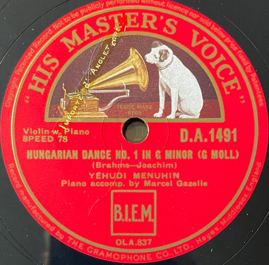 Yehudi Menuhin : Hungarian Dance No. 1 In G Minor / Hungarian Dance No. 17 In F Sharp Minor (Shellac, 10")