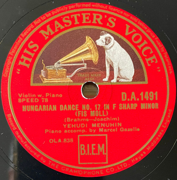 Yehudi Menuhin : Hungarian Dance No. 1 In G Minor / Hungarian Dance No. 17 In F Sharp Minor (Shellac, 10")