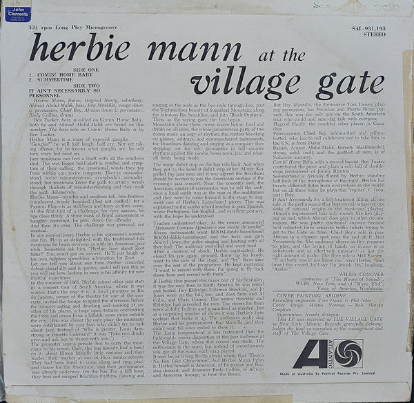 Herbie Mann : Herbie Mann At The Village Gate (LP, Album, RE)