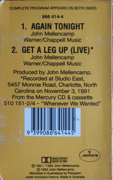 John Cougar Mellencamp : Again Tonight (Cass, Single)