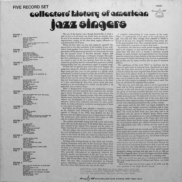 Various : Collectors' History Of American Jazz Singers (5xLP, Comp)