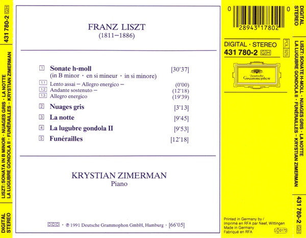 Franz Liszt, Krystian Zimerman : Sonate H-Moll = In B Minor · Nuages Gris · La Notte • La Lugubre Gondola II · Funérailles (CD, Album, RE)