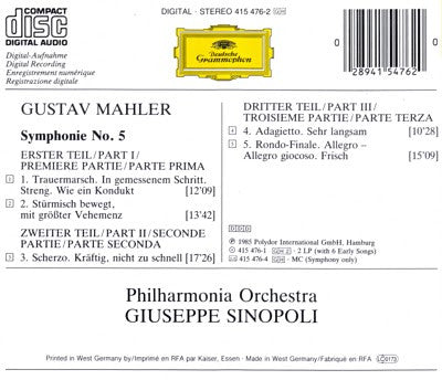 Gustav Mahler - Giuseppe Sinopoli, Philharmonia Orchestra : Symphony No. 5 (CD, Album)