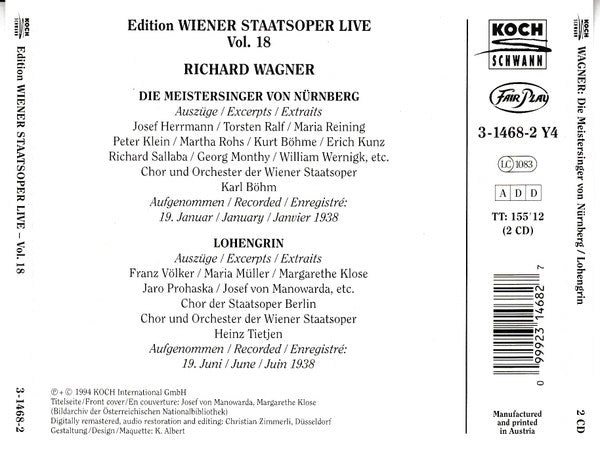 Richard Wagner : Lohengrin (1938), Die Meistersinger Von Nürnberg (1944), Highlights - Edition Wiener Staatsoper Live Vol. 18 (2xCD, Comp, Mono, RM)