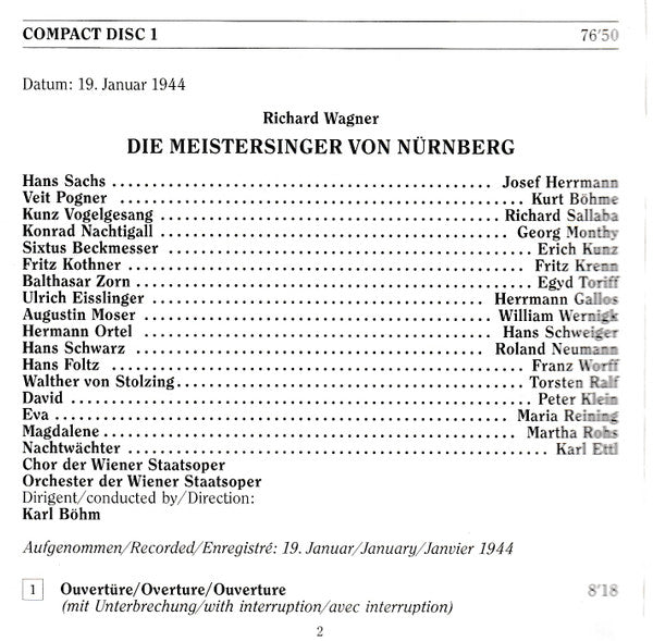Richard Wagner : Lohengrin (1938), Die Meistersinger Von Nürnberg (1944), Highlights - Edition Wiener Staatsoper Live Vol. 18 (2xCD, Comp, Mono, RM)