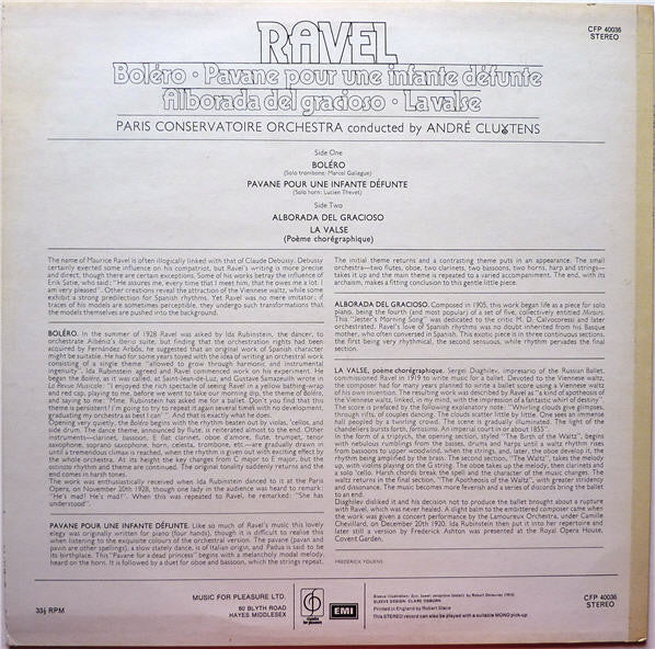 Maurice Ravel, Orchestre De La Société Des Concerts Du Conservatoire - André Cluytens : Orchestral Music Of Ravel (LP)