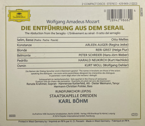 Wolfgang Amadeus Mozart - Arleen Auger · Reri Grist · Peter Schreier · Harald Neukirch · Kurt Moll · Rundfunkchor Leipzig · Staatskapelle Dresden · Karl Böhm : Die Entführung Aus Dem Serail (2xCD, Album, RE, RM, PMD + Box, Sli)