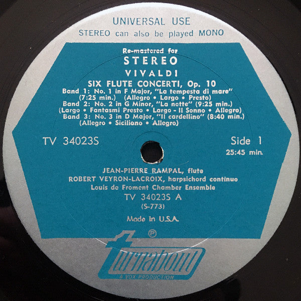 Antonio Vivaldi, Jean-Pierre Rampal, Robert Veyron-Lacroix, Orchestre De Chambre Louis De Froment : Six Flute Concerti, Opus 10 (LP, RM)