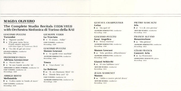 Magda Olivero, Orchestra Sinfonica Di Torino Della RAI : The Complete Studio Recitals (1938/53) (CD, Mono, RE, RM)