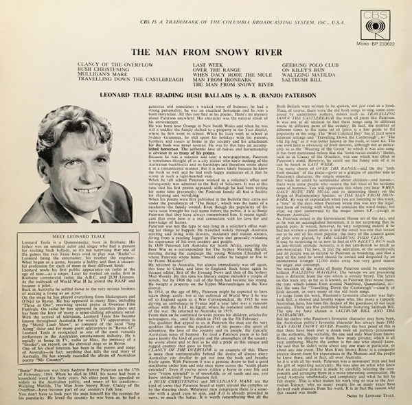 Leonard Teale : The Man From Snowy River - Leonard Teale Reading Bush Ballads By A. B. (Banjo) Paterson (LP, Mono)