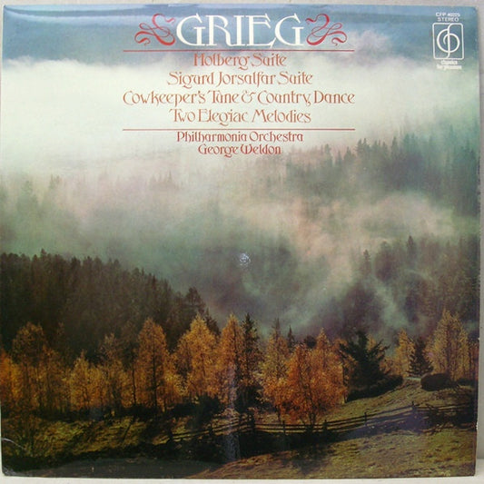 Grieg*, Philharmonia Orchestra, George Weldon : Holberg Suite / Sigurd Jorsalfar Suite / Cowkeeper's Tune & Country Dance / Two Elegiac Melodies (LP, RE)