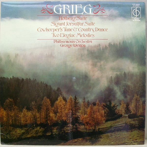 Grieg*, Philharmonia Orchestra, George Weldon : Holberg Suite / Sigurd Jorsalfar Suite / Cowkeeper's Tune & Country Dance / Two Elegiac Melodies (LP, RE)
