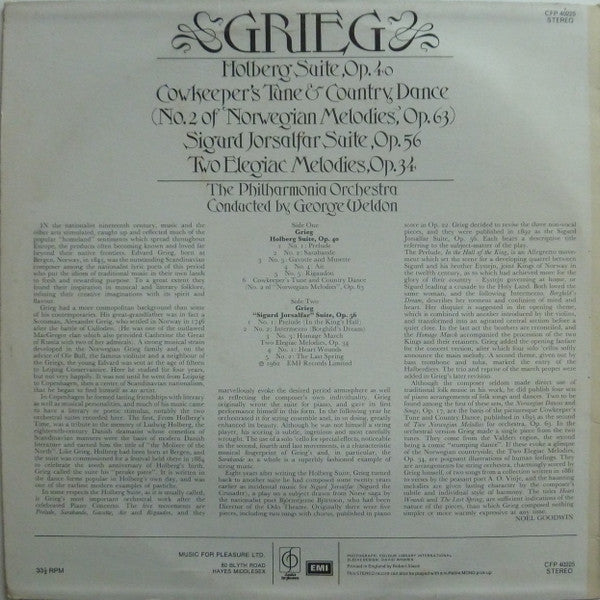 Grieg*, Philharmonia Orchestra, George Weldon : Holberg Suite / Sigurd Jorsalfar Suite / Cowkeeper's Tune & Country Dance / Two Elegiac Melodies (LP, RE)