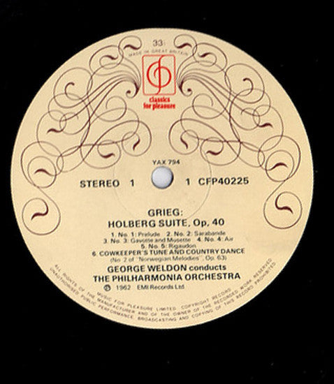 Grieg*, Philharmonia Orchestra, George Weldon : Holberg Suite / Sigurd Jorsalfar Suite / Cowkeeper's Tune & Country Dance / Two Elegiac Melodies (LP, RE)