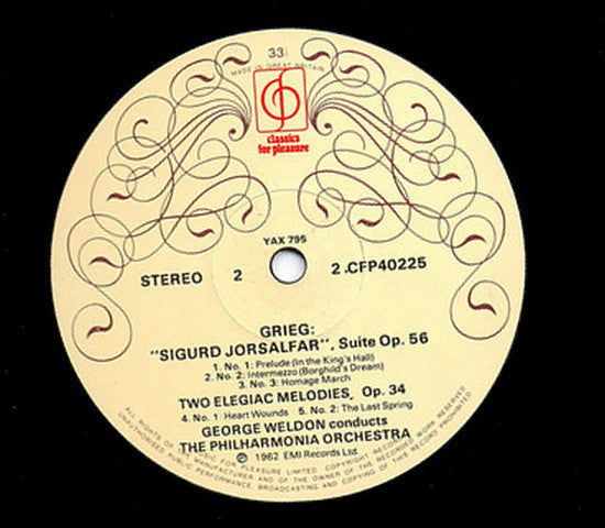 Grieg*, Philharmonia Orchestra, George Weldon : Holberg Suite / Sigurd Jorsalfar Suite / Cowkeeper's Tune & Country Dance / Two Elegiac Melodies (LP, RE)
