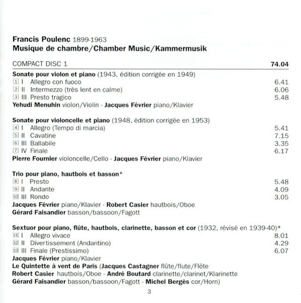 Francis Poulenc - Jacques Février • Yehudi Menuhin • Pierre Fournier • Michel Debost • Alan Civil • Maurice Bourgue • Michel Portal • Le Quintette À Vent De Paris • Amaury Wallez • Maurice Gabai • John Wilbraham • John Iveson : Musique De Chambre (2xCD, Comp, RM)